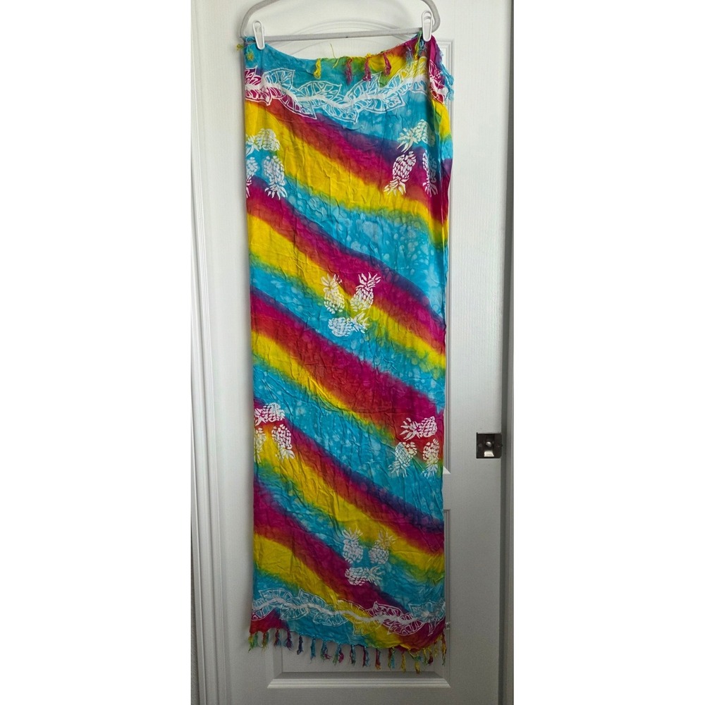 Beach Sarong Cover Up Rainbow Tie Dye Pineapple Print Tassel Trim 56x44‎